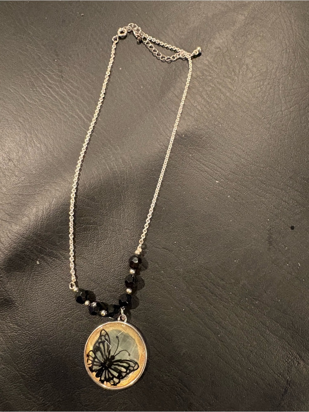 Silver Butterfly Pendant Necklace with Black Beads - Women Jewelry